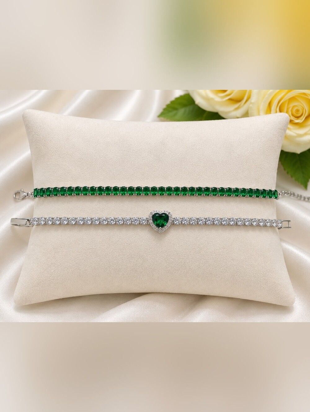 Emerald Green Tennis Bracelet & Heart Bracelet Set | Crystal Accent | 9" & 7"